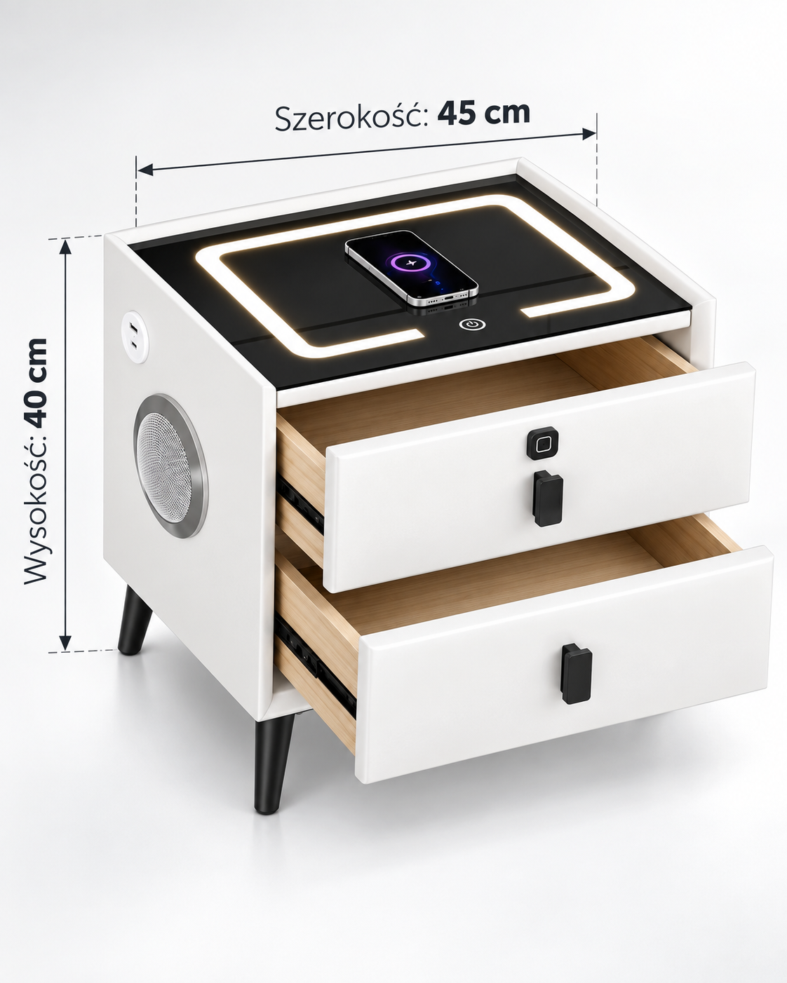 Szafka Nocna Smart LED Ładowanie Bezprzewodowe Bluetooth USB 2 Szuflady