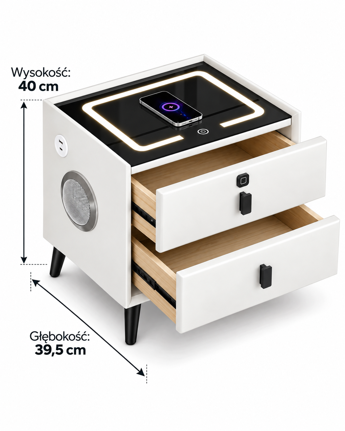 Szafka Nocna Smart LED Ładowanie Bezprzewodowe Bluetooth USB 2 Szuflady