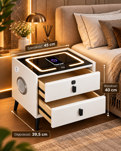 Szafka Nocna Smart LED Ładowanie Bezprzewodowe Bluetooth USB 2 Szuflady