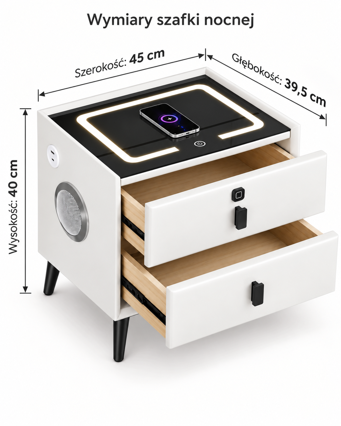 Szafka Nocna Smart LED Ładowanie Bezprzewodowe Bluetooth USB 2 Szuflady