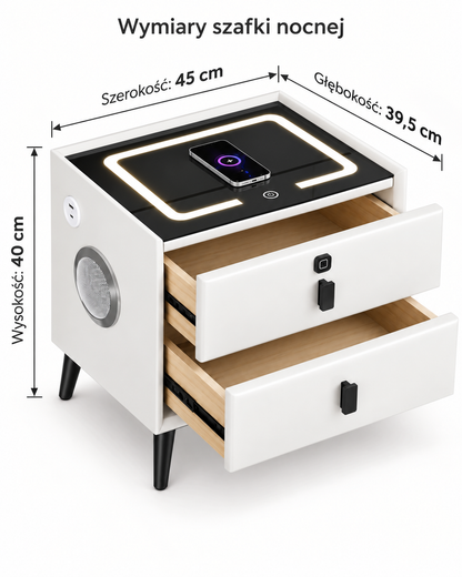 Szafka Nocna Smart LED Ładowanie Bezprzewodowe Bluetooth USB 2 Szuflady