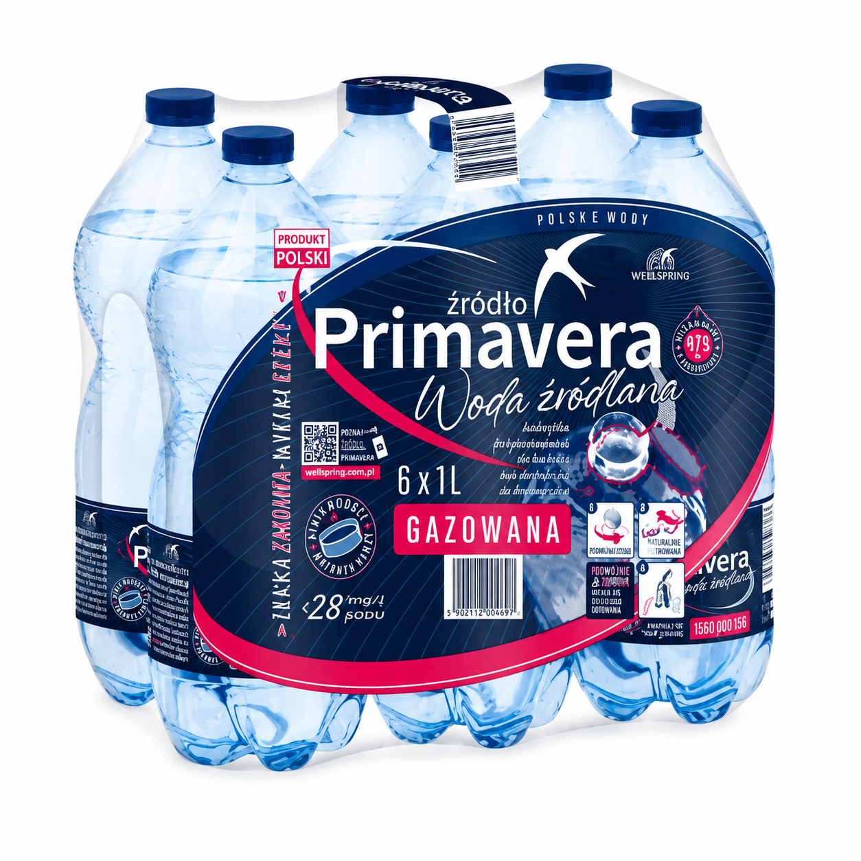 Primavera Woda Gazowana 1L — zgrzewka 6 szt.